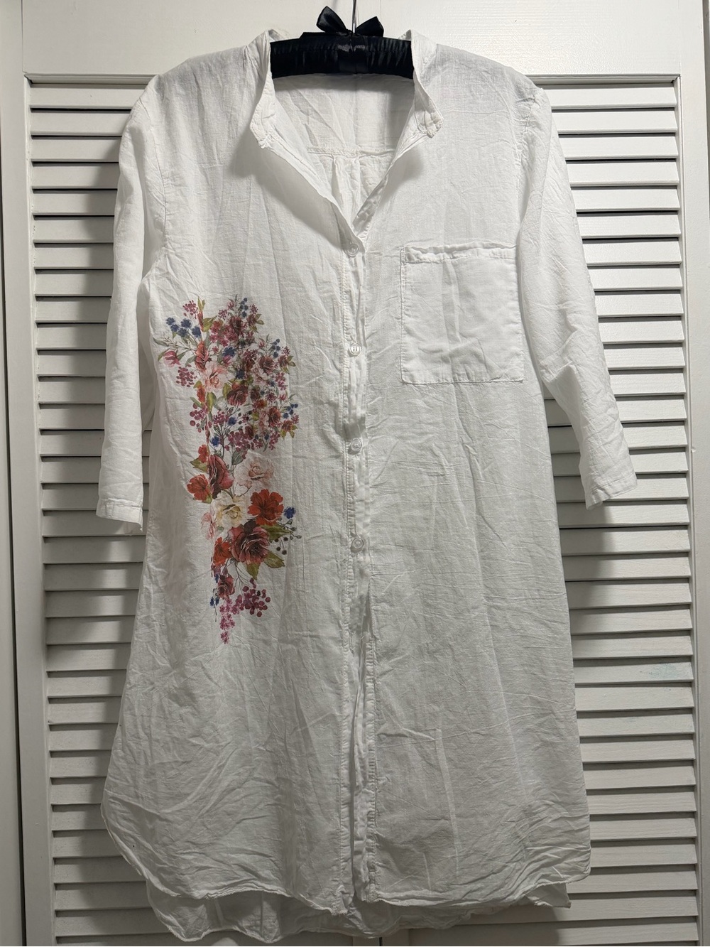 Italian Cotton Tunic Top White Floral Button Front Boho Lagenlook Made In Italy